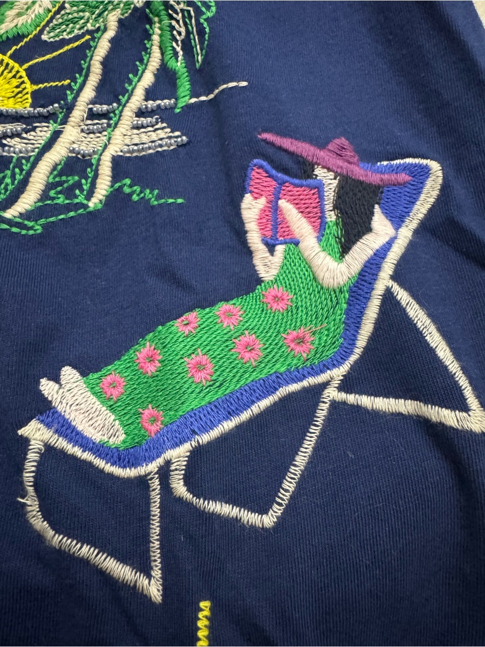 Johnny Was Navy Short Sleeve Travel Beach Scene Embroidered Tee - Picture 9 of 11